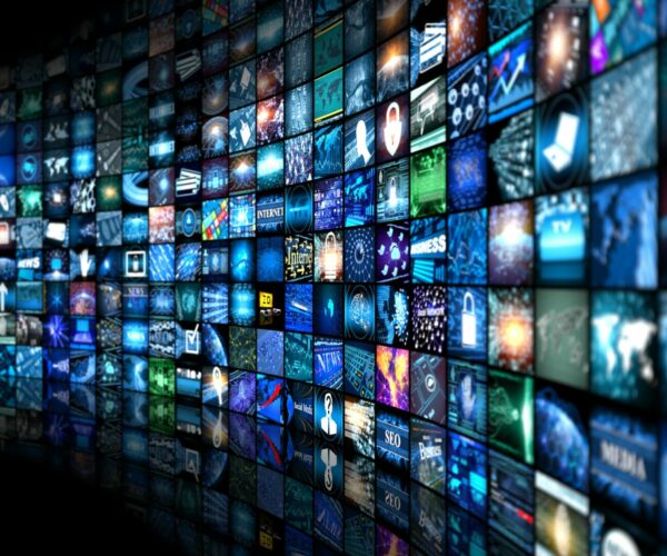 Digital Media concept Wall of screens smart TV